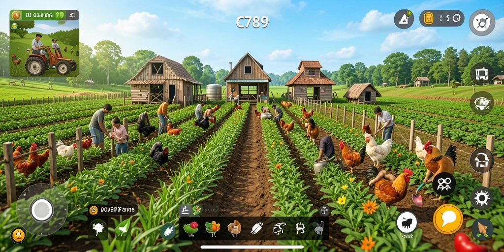 Screenshot utama C789 menampilkan gameplay pertanian yang ceria.