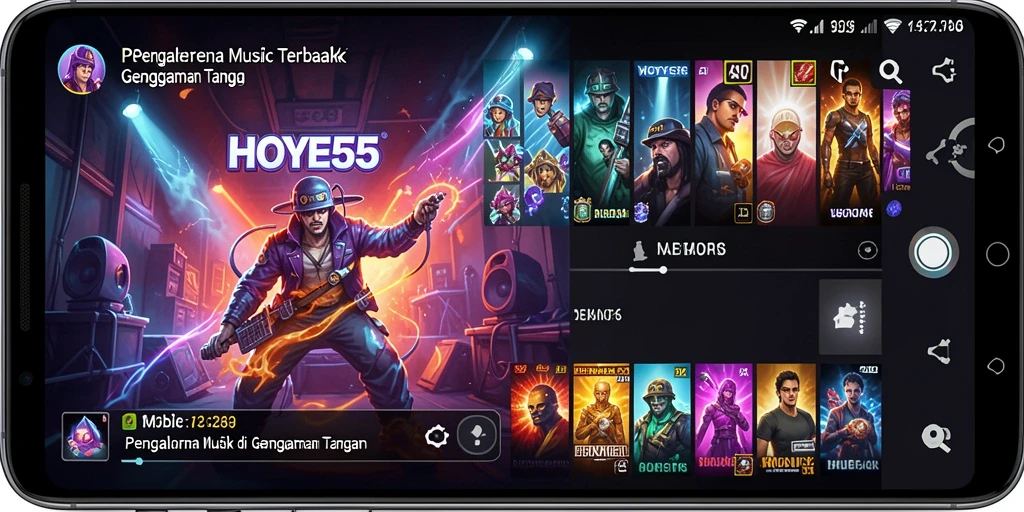 Tampilan gameplay HOYE55 yang menarik dengan berbagai fitur musik.